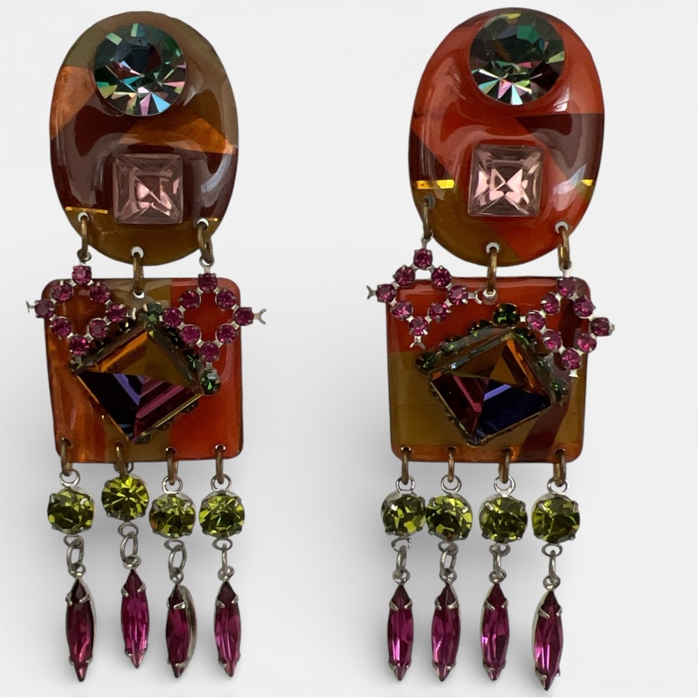 Vintage Earrings clip 70s multicolor gems statement articulating charms dangling - Picture 3 of 10